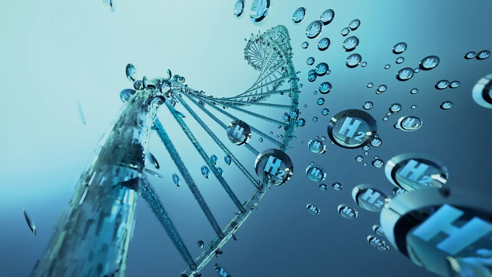 a DNA string with hydrogen molecules floating around showing that hydrogen is in our DNA